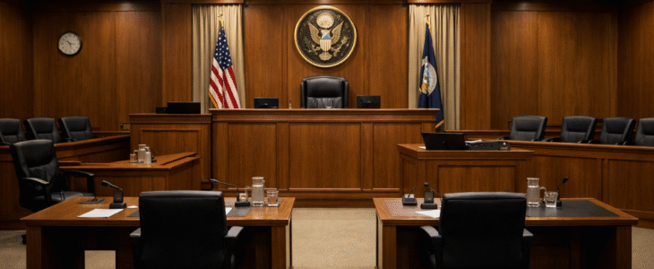 Rendering of an interior of a criminal court courtroom.”