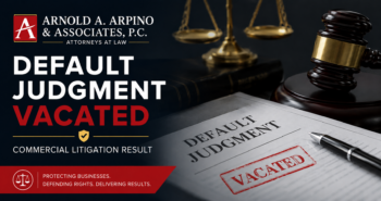 Default judgment vacated commercial litigation result graphic for Arnold A. Arpino & Associates, P.C.