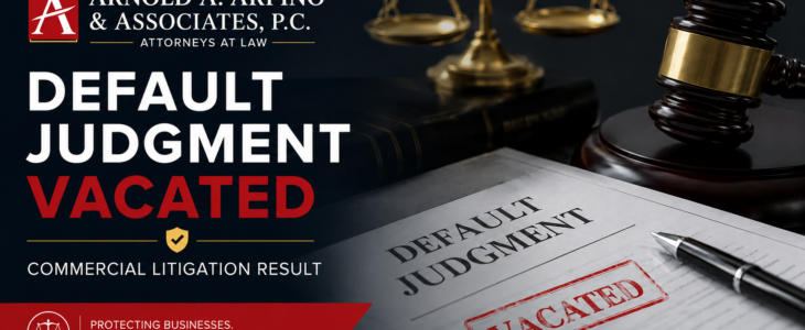 Default judgment vacated commercial litigation result graphic for Arnold A. Arpino & Associates, P.C.