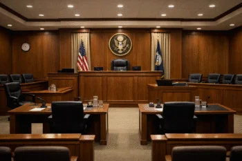 Rendering of an interior of a criminal court courtroom.”