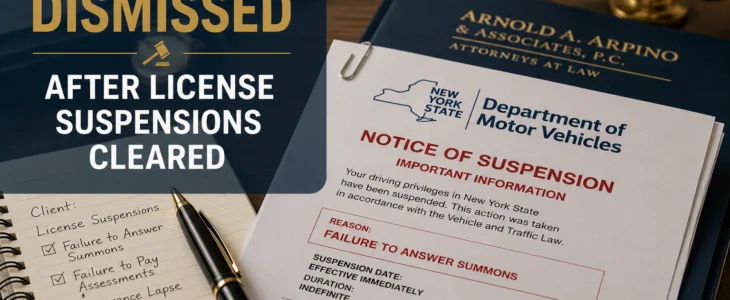 Bronx suspended license criminal case dismissed after attorney resolved DMV suspensions and restored driving privileges